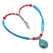 Collana Corallo Rosso Turchese Fatta a Mano Tibetano Nepalese Perline...