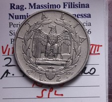 NL* VEIII Italia 2 LIRE IMPERO 1936 XIV RARA SPL Perizia Filisina Massimo