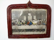  ANTICA STAMPA SACRA ULTIMA CENA ANTICO QUADRO RELIGIOSO VECCHIA CORNICE LEGNO 