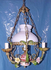 Antico elegante lampadario bronzo opale e rose in ceramica stile Liberty 4 luci