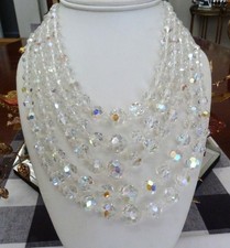 ENORME COLLANA STRASS PERLE CRISTALLO AURORA BOREALE SFACCETTATA VINTAGE 5 FILI