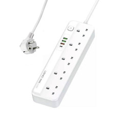 LDNIO Ciabatta 5 Entrate Universali, 3x USB, USB-C, Cavo 2 metri Shuko - Bianco