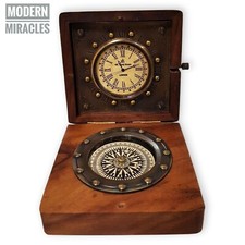 Bussola nautica in ottone in scatola di legno con orologio oggetto vintage an...