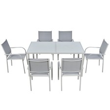 Outsunny Set da 6 Sedie con Tessuto a rete e Tavolo da Giardino in Vetro, grigio