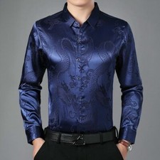 Uomo Seta Raso Camicia Dragon Stampa a Maniche Lunghe Top Business Ufficio Daily
