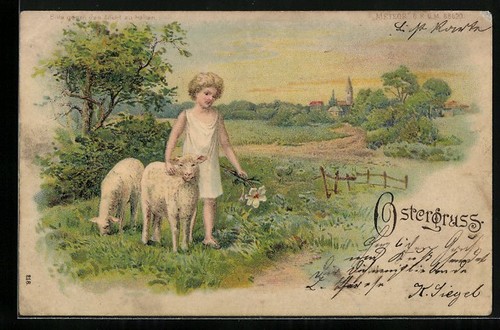 Litografia saluto pasqua - litografia, di