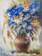 Dipinto olio su tela ORIGINALE vintage prato fiori margherite grano fiordaliso