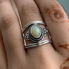 AAA+ Fuoco Opale Anello Graziosa Donna 925 Argento Sterling Doppio Fedina