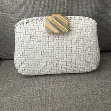 Borsa da sera vintage RODO Italy tessuto vimini smaltato bianco FRIZIONE foderata in pelle
