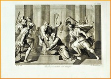 Stampe antiche religiose originali Paolo arrestato nel tempio incisione sacra