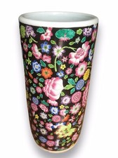 Squisito antico portaombrelli 19c porcellana cinese Famille Noire Flora 17,5"