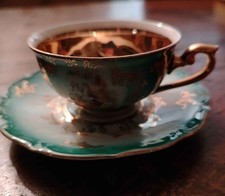 Tazzina da caffe' in porcellana Bavaria,anni '50-'60,verde smeraldo e oro