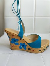 Zeppa donna sandali suola in legno con plateau decorato n. 38 azzurro