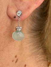 Orecchini Oro Bianco 750 -18 kt - Calcedonio azzurro e Diamanti Con Certificato