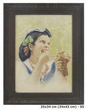 RITRATTO DI DONNA CON UVA QUADRO ANTICO ACQUERELLO SU CARTA DIPINTO CORNICE S5