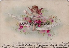 Cartoncino di "Felicitazioni" fine '800 angioletto su colomba bianca e letterina