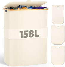 Cesto Portabiancheria 158L 3 Scomparti Coperchio Manici Bambù Pieghevole Beige