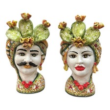 Coppia Teste di moro in ceramica siciliana decoro con fichi d'india verde bosco