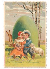 1938 uovo di Pasqua bambini fiori di salice agnello coniglio cartolina pasquale