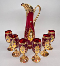 MURANO VETRO ROSSO VINTAGE SET 6 BICCHIERI BROCCA ORO DIPINTO MANO - CON USURA !