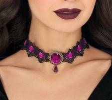 Girocollo choker nero effetto pizzo con nastro e finta pietra lilla