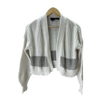 360 Sweater Cardigan Womens XS Chunky Knit Open Front Off White Gray Crop Office
