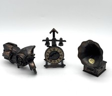 3 Vtg Die Cast Miniature Pencil Sharpeners Motorcycle, Mantle Clock, Phonograph