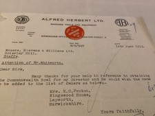 Alfred Herbert 1953 letter to
