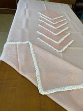 TOVAGLIA LINO ROSA CON BORDO BIANCO ALL'UNCINETTO E 6 TOVAGLIOLI 