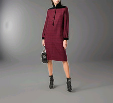 Vintage 80s UNGARO  Vestito Donna Lana Tweed Borgogna inserti Velluto Nero us 10