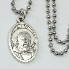 Medaglia San Padre Pio Italia Acciaio Inox Catena Sfera USA Collana Carta Preghiera