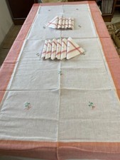 Tovaglia vintage ricamata a mano lino bianco bordo arancio con 12 tovaglioli