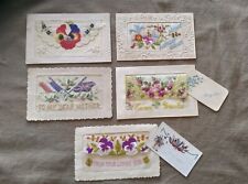 Cartoline ricamate antiche originali francesi, anni '10 / '20  -  lotto 5 pz