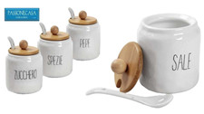 SET 4 BARATTOLI SALE ZUCCHERO PEPE SPEZIE CUCCHIAIO CERAMICA BIANCA h 12 cm