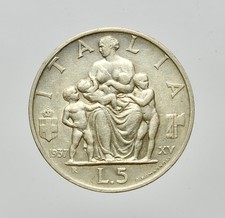 REGNO D' ITALIA - VITTORIO EMANUELE III 1900-1943 -AG/ 5 LIRE 1937  RARA !