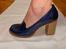 ✅ Scarpe donna in Pelle Dècolletè Mocassino Tacco 8,5 Vernice Blu n. 39 Usate