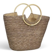 Borsa mare donna Paviera noce in paglia intrecciata con manici tondi in rattan