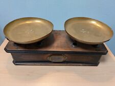 Antica Bilancia in Legno con 2 Piatti in Ottone e Pesi D'epoca Vintage