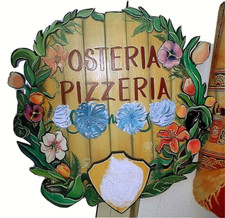 INSEGNA PUBBLICITARIA OSTERIA-PIZZERIA 85X85 DIPINTA IN LEGNO MASSELLO.