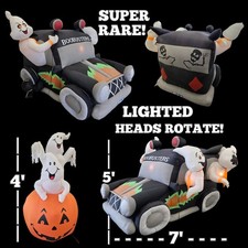 Halloween Gemmy 7’ Hot Rod Hearse Teste Gonfiabili Illuminate Soffiate MOSSE RARE ✅️