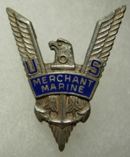 WW2 USMM Sterling / Enameled Badge - Merchant Marine - W/ Enamel "US" Version PB