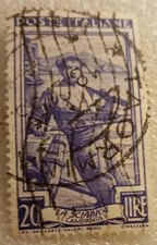 FRANCOBOLLO-ITALIA DEL LAVORO-LA SCIABICA-20 LIRE 1950-FILIGRANA RUOTA ALATA