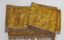 Antica Stoffa XIX secolo Con Lamina Dorata E Frangia In Filo Argento - 2 Pezzi