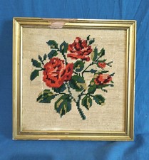 Grazioso Quadro Punti Croce Mezzo Punti Mazzo Rose Con Cornice Anni 50