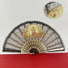 Ventaglio vintage spagnolo Nero in pizzo per signora traforato dipinto Flamenco