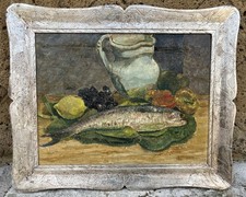 Cornelio Geranzani Genova 1880-1955 Natura Morta e Pescato Olio Su Tela Cm 48x58