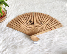 19c Antico Mano Giapponese Panda Scenario Dipinta di Legno Ventola Bastone WN223