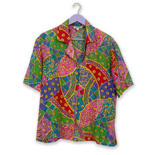 Camicia Vintage 100% seta multicolore a fantasia astratta - Taglia S/M uomo