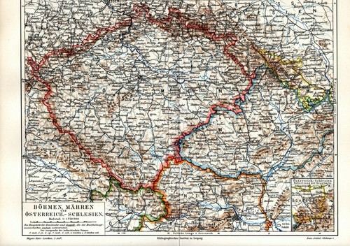1889 antica mappa boemia - mappa,