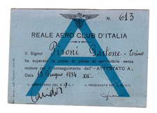 Tessera Fascismo Reale Aero Club d'Italia  - Torino - 1934